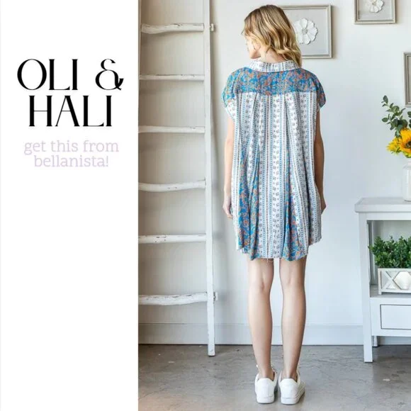 2160 OLI & HALI Blue Printed Flare Hem Button Up Swing Top - Picture 6 of 6
